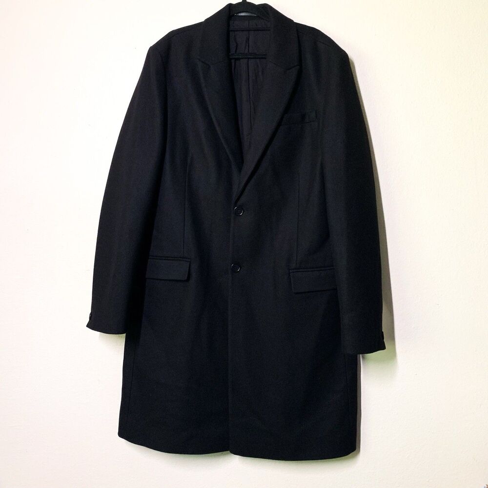 All Saints Jemison Coat Men's 42 Black Wool Cashmere Blend Single Breast Pockets